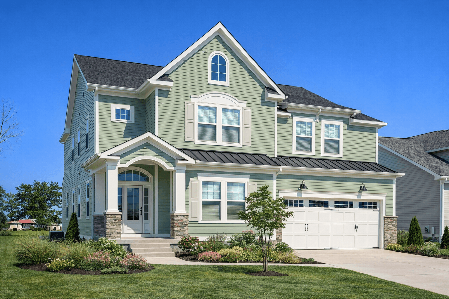 Transitional home with sage green siding